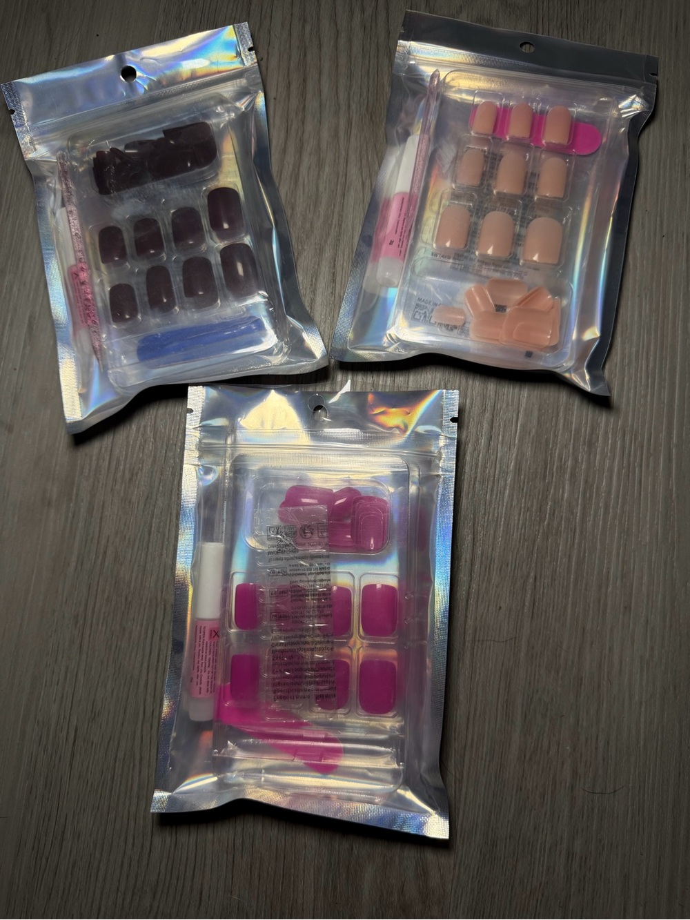 Set of 3 Press-On Nail Kits - Plum, Nude, Bright Pink